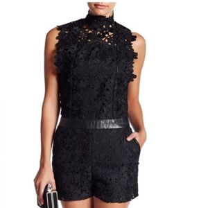 LAMARQUE Sz 2 Makaya Floral Lace Romper with Leather Trim High Neck Pockets